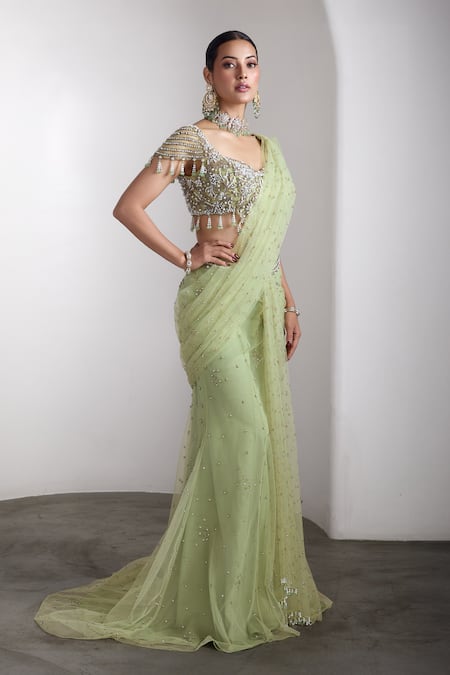 Buy_Rocky Star_Green Net Sequins, Beads Scoop Neck Embellished Blouse And Pre-draped Saree Set _Online_at_Aza_Fashions