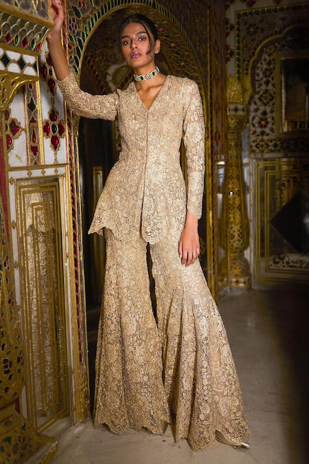 Dash And Dot Gold Viscose Lace, Metallic Thread, Embroidery Sharara 