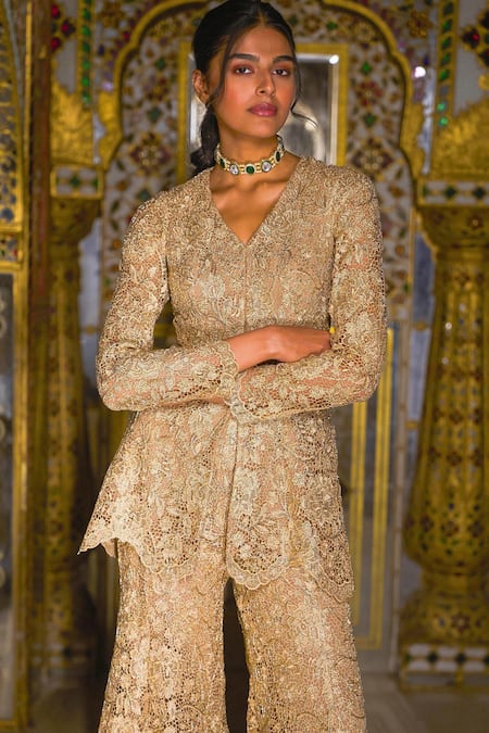 Dash And Dot_Gold Viscose Lace, Metallic Thread, Embroidery Sharara _Online_at_Aza_Fashions
