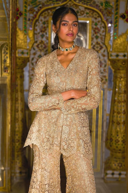 Buy_Dash And Dot_Gold Viscose Lace, Metallic Thread, Embroidery Sharara _Online_at_Aza_Fashions