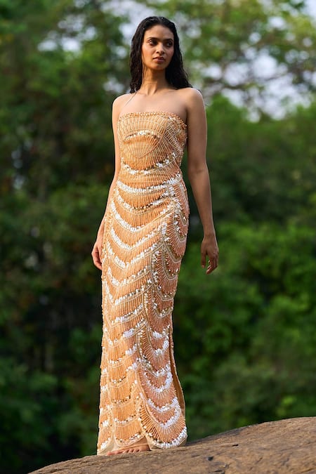 Shop_Dash And Dot_Multi Color Polyester Sequins, Pearls Embroidered Gown _Online_at_Aza_Fashions