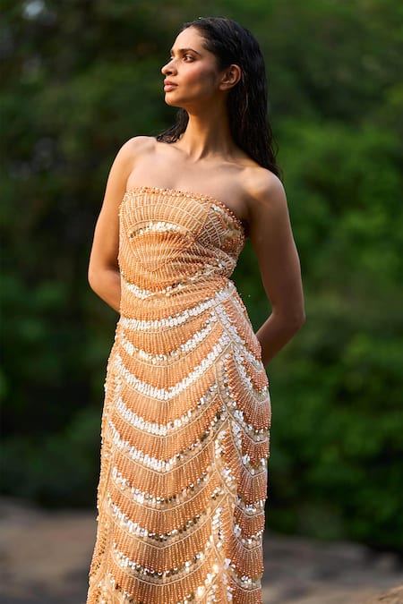 Dash And Dot_Multi Color Polyester Sequins, Pearls Embroidered Gown _at_Aza_Fashions