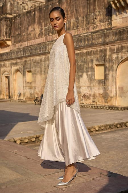 Dash And Dot Ivory Polyester Embroidery One Shoulder Pearl Top With Culottes Online at Aza Fashions Dash And Dot_Ivory Polyester Embroidery One Shoulder Pearl Top With Culottes _Online_at_Aza_Fashions