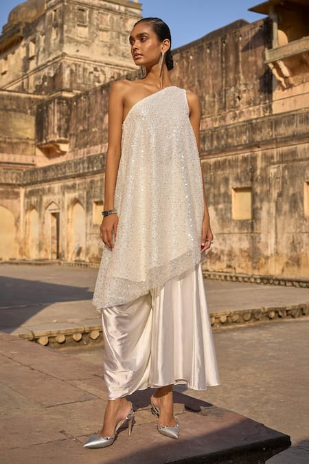 Dash And Dot Ivory Polyester Embroidery One Shoulder Pearl Top With Culottes 