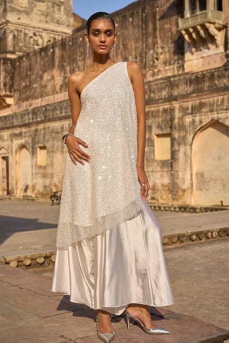 Buy Dash And Dot Ivory Polyester Embroidery One Shoulder Pearl Top With Culottes Online at Aza Fashions Buy_Dash And Dot_Ivory Polyester Embroidery One Shoulder Pearl Top With Culottes _Online_at_Aza_Fashions