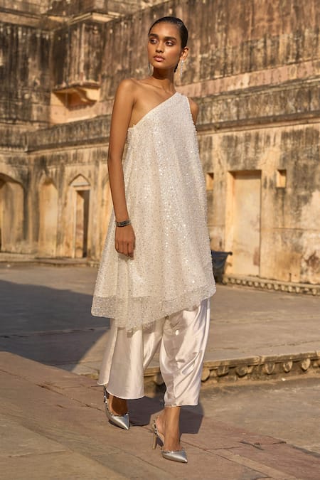 Shop Dash And Dot Ivory Polyester Embroidery One Shoulder Pearl Top With Culottes Online at Aza Fashions Shop_Dash And Dot_Ivory Polyester Embroidery One Shoulder Pearl Top With Culottes _Online_at_Aza_Fashions