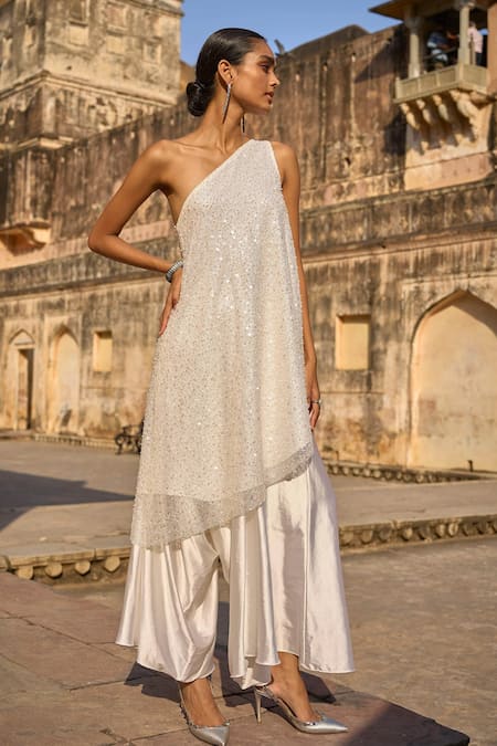 Dash And Dot Ivory Polyester Embroidery One Shoulder Pearl Top With Culottes at Aza Fashions Dash And Dot_Ivory Polyester Embroidery One Shoulder Pearl Top With Culottes _at_Aza_Fashions