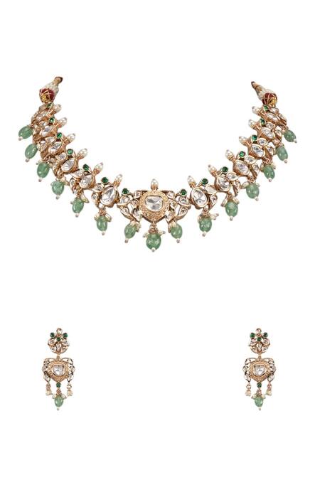 Auraa Trends_Green Crystals, Gemstones Emerald Accent Designer Necklace Set_Online_at_Aza_Fashions