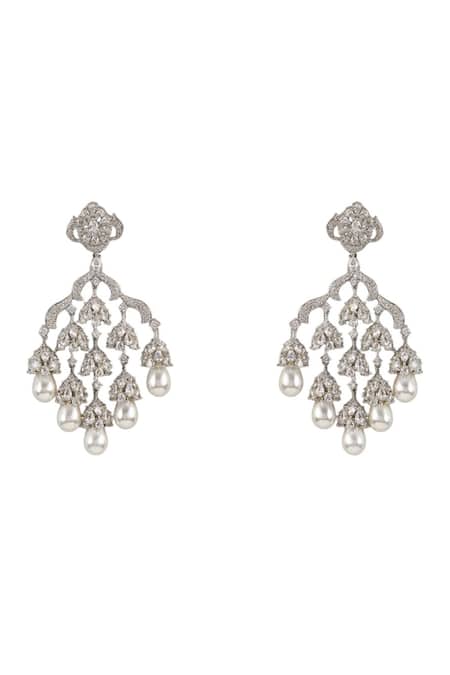Auraa Trends_Silver Plated Diamonds, Pearls Floral Chandelier Earrings _Online_at_Aza_Fashions