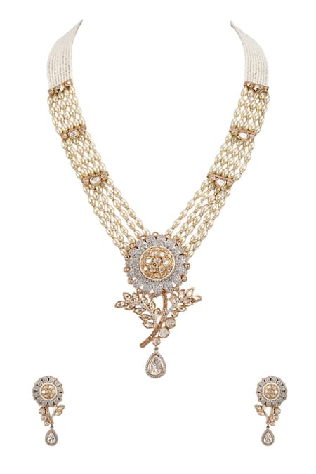Auraa Trends_Gold Plated Crystals, Stones Designer Pearl Necklace Set _Online_at_Aza_Fashions