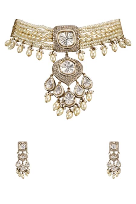 Auraa Trends_Gold Plated Stones Pearl And Crystal Choker Set_Online_at_Aza_Fashions