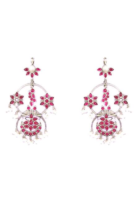 Auraa Trends_Pink Gemstones, Pearls Floral Crystal Statement Earrings_Online_at_Aza_Fashions