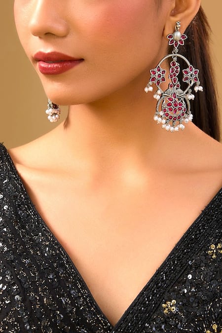 Buy_Auraa Trends_Pink Gemstones, Pearls Floral Crystal Statement Earrings_Online_at_Aza_Fashions