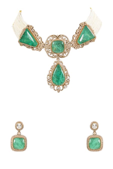 Auraa Trends_Green Pearls Emerald Choker Set_Online_at_Aza_Fashions