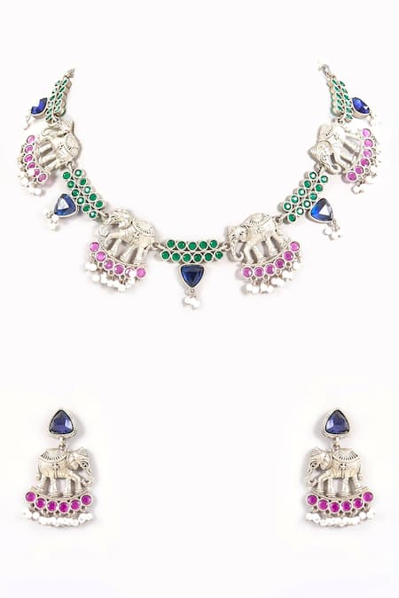 Auraa Trends_Multi Color Stones Elephant Motif Choker Set_Online_at_Aza_Fashions