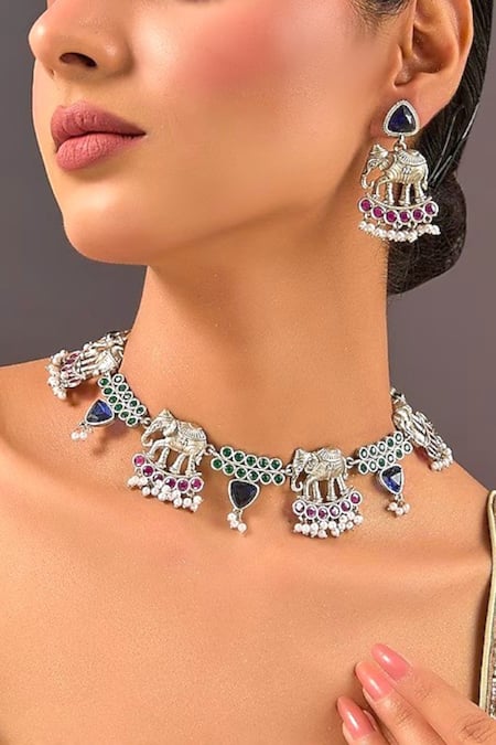 Auraa Trends_Multi Color Stones Elephant Motif Choker Set_at_Aza_Fashions