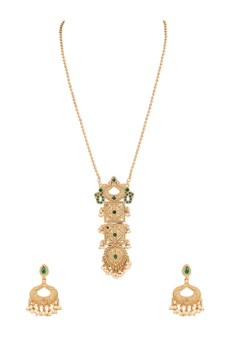Auraa Trends Gold Plated Pearls, Gemstones Temple Embellished Necklace Set Online at Aza Fashions Auraa Trends_Gold Plated Pearls, Gemstones Temple Embellished Necklace Set_Online_at_Aza_Fashions
