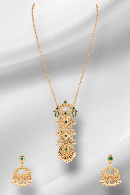 Shop Auraa Trends Gold Plated Pearls, Gemstones Temple Embellished Necklace Set at Aza Fashions Shop_Auraa Trends_Gold Plated Pearls, Gemstones Temple Embellished Necklace Set_at_Aza_Fashions