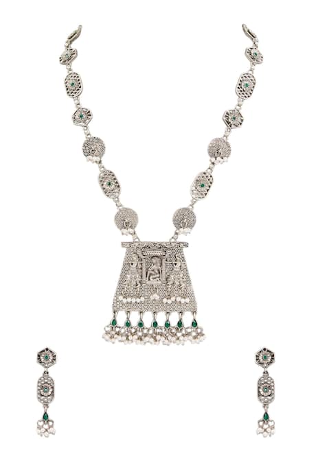 Auraa Trends_Silver Plated Pearls, Stones Temple Embellished Pendant Necklace Set _Online_at_Aza_Fashions