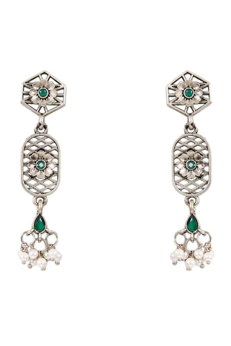 Shop_Auraa Trends_Silver Plated Pearls, Stones Temple Embellished Pendant Necklace Set _Online_at_Aza_Fashions