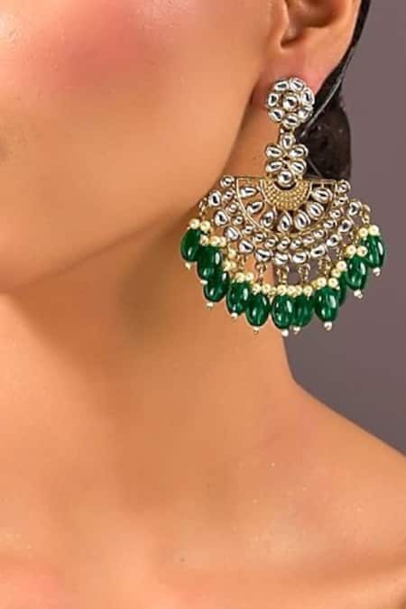 Auraa Trends Gold Plated Pearls, Stones Green Chandbali Earrings 