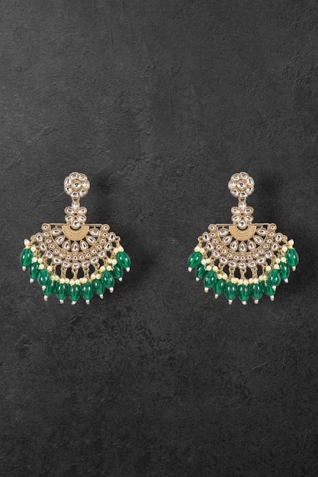 Shop Auraa Trends Gold Plated Pearls, Stones Green Chandbali Earrings at Aza Fashions Shop_Auraa Trends_Gold Plated Pearls, Stones Green Chandbali Earrings _at_Aza_Fashions