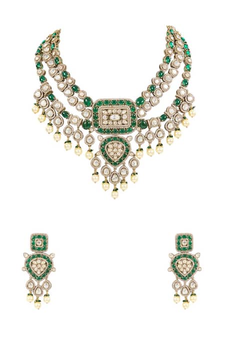 Auraa Trends_Green Crystals, Pearls Gold-plated Kundan Necklace Set _Online_at_Aza_Fashions