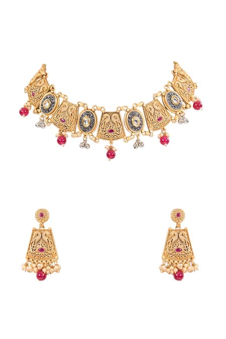 Buy_Auraa Trends_Gold Plated Pearls, Stones Temple Necklace Set _Online_at_Aza_Fashions