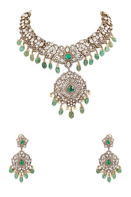 Buy Auraa Trends Green Diamonds, Stones Kundan Embellished Choker Set Online at Aza Fashions Buy_Auraa Trends_Green Diamonds, Stones Kundan Embellished Choker Set _Online_at_Aza_Fashions