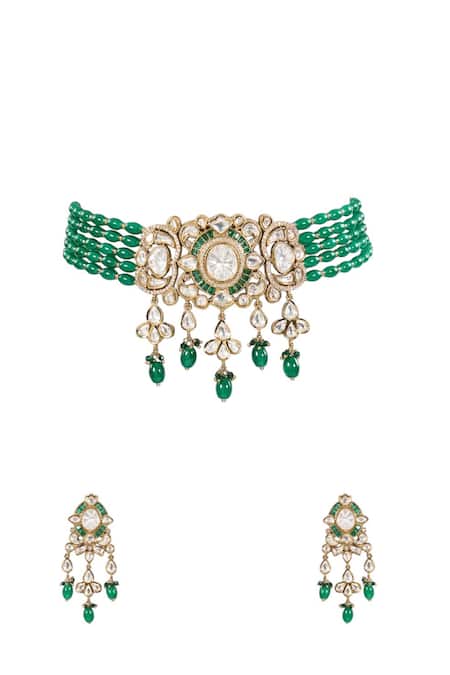 Auraa Trends_Green Diamonds, Beads Emerald Kundan Choker Necklace Set _Online_at_Aza_Fashions