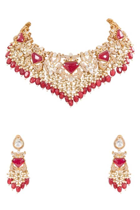 Buy_Auraa Trends_Red Crystals, Beads Kundan Work Necklace Set _Online_at_Aza_Fashions