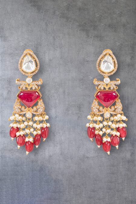 Shop_Auraa Trends_Red Crystals, Beads Kundan Work Necklace Set _Online_at_Aza_Fashions