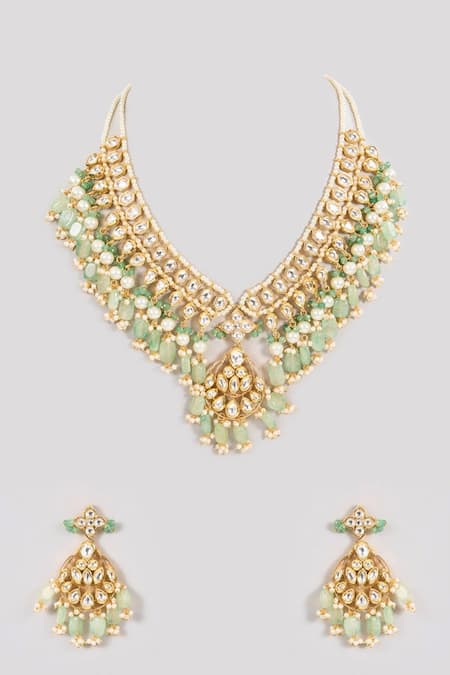Shop Auraa Trends Green Diamonds, Beads Kundan Embellished Necklace Set at Aza Fashions Shop_Auraa Trends_Green Diamonds, Beads Kundan Embellished Necklace Set _at_Aza_Fashions