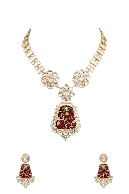 Auraa Trends Red Enamel Kundan Necklace Set 