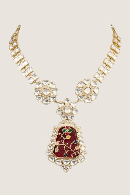 Auraa Trends Red Enamel Kundan Necklace Set 