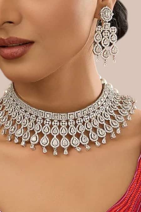 Shop Auraa Trends Silver Plated Imitation Diamonds Choker Necklace Set at Aza Fashions Shop_Auraa Trends_Silver Plated Imitation Diamonds Choker Necklace Set _at_Aza_Fashions