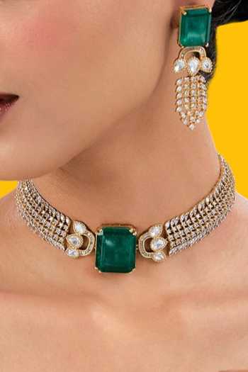 Shop_Auraa Trends_Green Imitation Diamonds Stone Choker Necklace Set_Online_at_Aza_Fashions