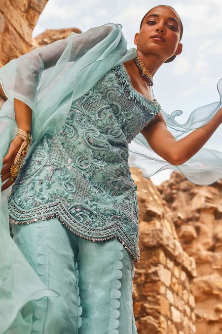 Buy_Awigna_Aqua Organza Beads, Sequins, Embroidery Square Neck Kurta Sharara Set _Online_at_Aza_Fashions
