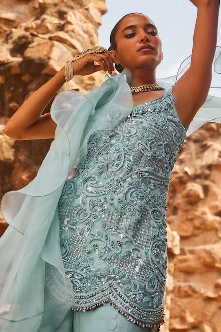 Shop_Awigna_Aqua Organza Beads, Sequins, Embroidery Square Neck Kurta Sharara Set _Online_at_Aza_Fashions