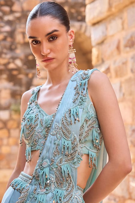 Buy_Awigna_Aqua Silk Beads, Sequins V-neck Embroidered Pre-draped Saree With Blouse _Online_at_Aza_Fashions