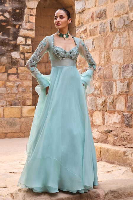 Awigna Aqua Organza Beads Sweetheart Neck Embroidered Anarkali With Dupatta 