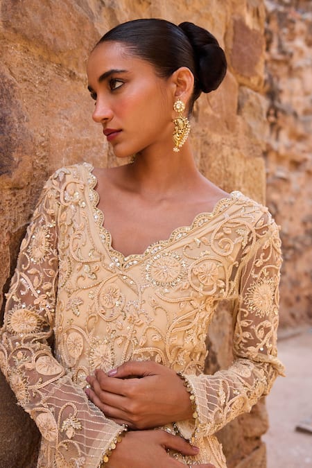 Awigna_Gold Organza Embroidery, Sequins Round Embellished Long Jacket And Palazzo Set _Online_at_Aza_Fashions