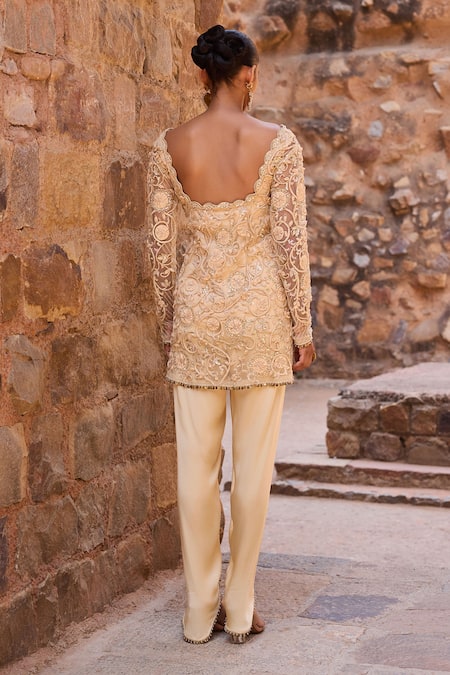 Shop_Awigna_Gold Organza Embroidery, Sequins Round Embellished Long Jacket And Palazzo Set _Online_at_Aza_Fashions