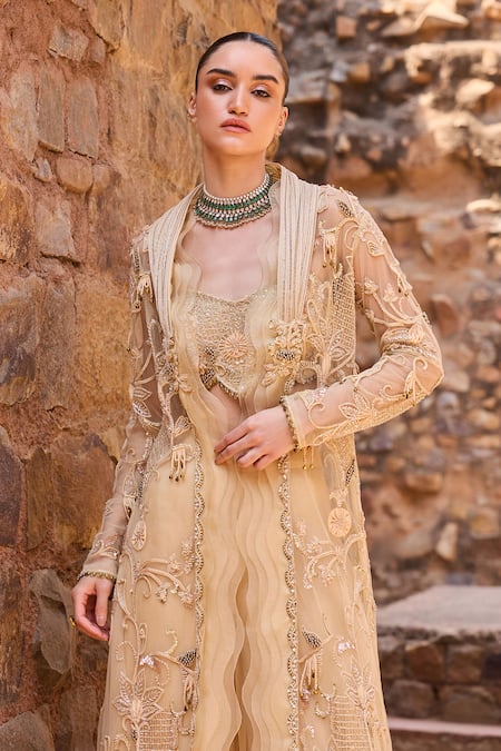 Awigna_Gold Organza Embroidery, Sequins Round Embellished Long Jacket And Palazzo Set _at_Aza_Fashions