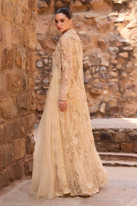 Buy_Awigna_Gold Organza Embroidery, Sequins Round Embellished Long Jacket And Palazzo Set 