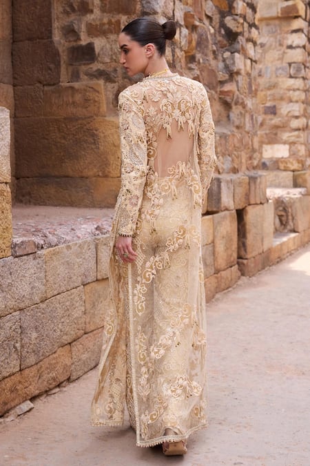 Awigna Champagne Embellished Long Jacket With Pant 
