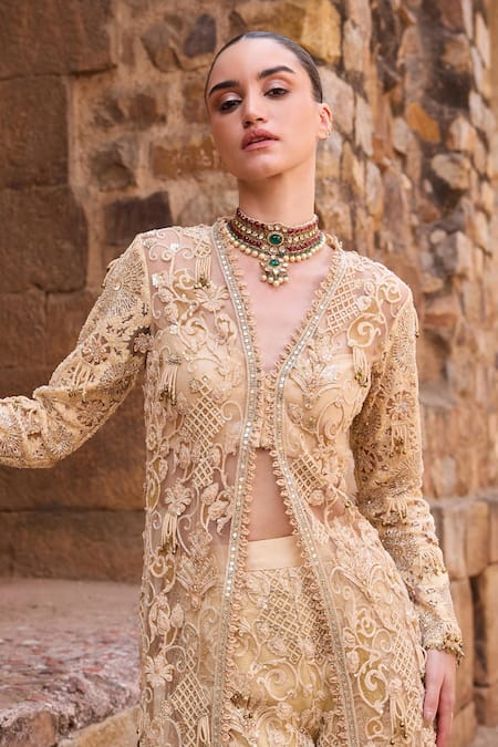 Awigna_Gold Net Sequins, Embroidery V-neck Champagne Embellished Long Jacket With Pant _Online_at_Aza_Fashions