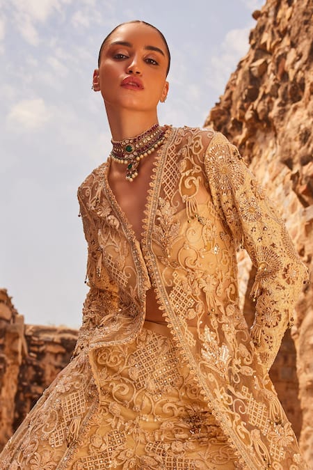 Buy_Awigna_Gold Net Sequins, Embroidery V-neck Champagne Embellished Long Jacket With Pant _Online_at_Aza_Fashions