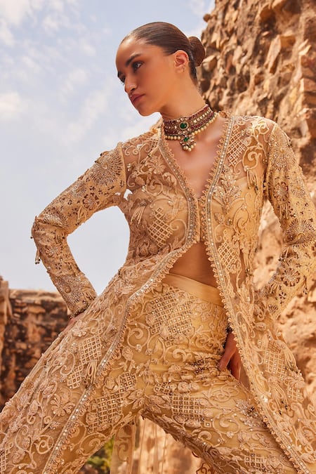 Shop_Awigna_Gold Net Sequins, Embroidery V-neck Champagne Embellished Long Jacket With Pant _Online_at_Aza_Fashions