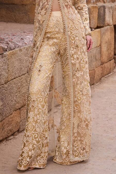 Awigna_Gold Net Sequins, Embroidery V-neck Champagne Embellished Long Jacket With Pant _at_Aza_Fashions